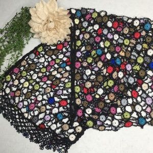 Black Crochet & Beaded Boho Granny Colorful Scarf